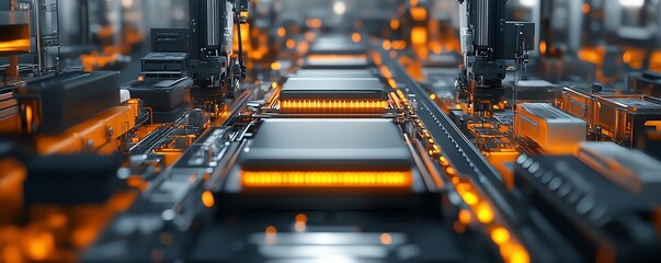 Poster - Mass production assembly line of electric vehicle battery cells closeup view, showcasing intricate details and modern technology