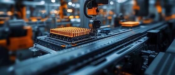 Poster - Modern mass production assembly line for electric vehicle battery cells, detailed closeup view of the manufacturing and assembly process