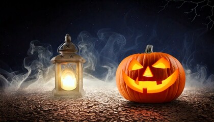 hallowen pumpkin and lantern in smoke