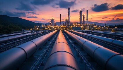 Poster - Steel pipelines and storage tanks of an oil refinery in an industrial zone, highlighting the scale and functionality of the petrochemical industry