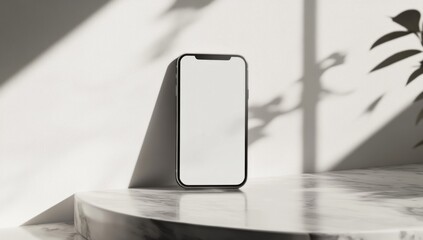 mobile phone with blank white screen mockup on light minimalist background with soft sunlight