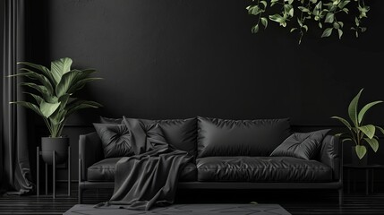 Interior of dark living room with black walls and comfortable black sofa