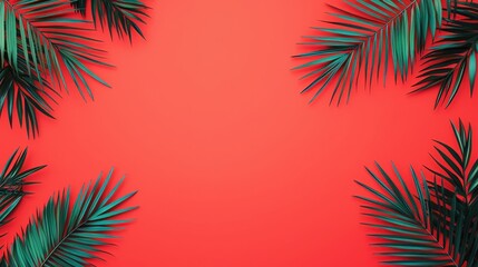 Wall Mural - Tropical Palm Leaves Border on Red Background   Summer Design Element