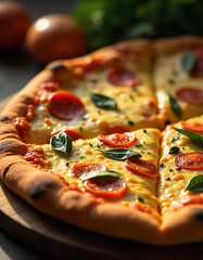 A freshly baked pizza with a thin crust, topped with tomato sauce, mozzarella cheese, sliced bell peppers, black olives, and fresh basil leaves. The pizza on a wooden board in a cozy blurred restauran