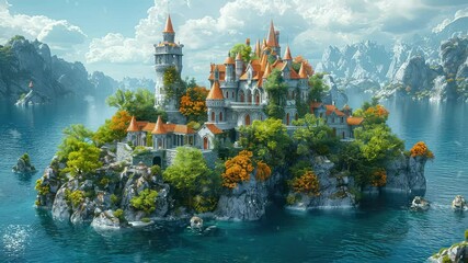 Wall Mural - animation mystical castle on a serene island lake generated with ai