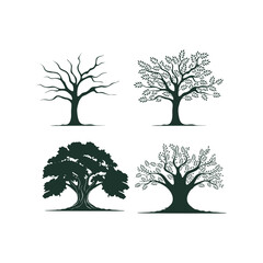 Wall Mural - set of Illustration silhouette abstract oak tree with roots logo design