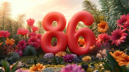 Sticker - Vibrant floral scene featuring the number 86 in a colorful setting.