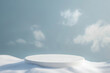 © Your Background - Empty white round podium on snow with cloudy sky background for product display design