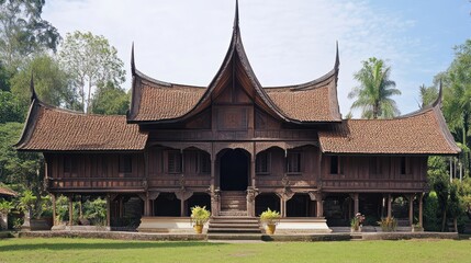 Traditional wooden house with curved roof, ornate details, and a stone porch.