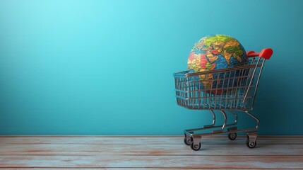 Globe in Shopping Cart on Blue Background Generative AI