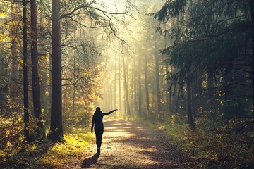 Person in sunlit forest enjoys peaceful walk