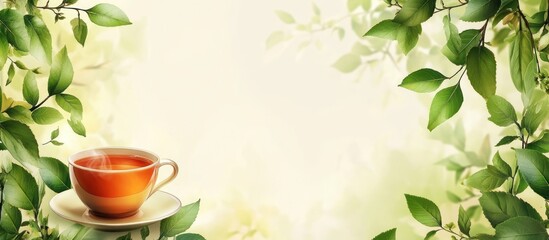 Wall Mural - A steaming cup of tea sits on a white saucer surrounded by lush green leaves, creating a relaxing and natural atmosphere.