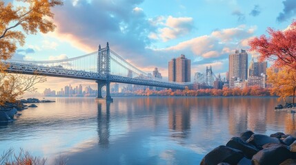 A suspension bridge over a river with a cityscape in the background and trees with fall foliage in the foreground.