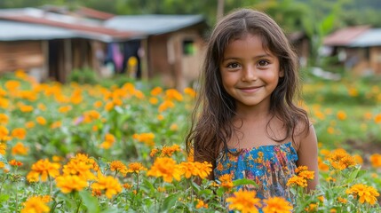 Poster - A young girl is standing in a field of flowers, smiling. The scene is bright and cheerful, with the girl's smile adding to the overall positive mood