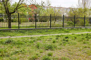 Metal fence in the city park. Decorative black iron guardrail for protection