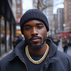 Poster - A man wearing a black hat and a gold chain necklace is standing on a street. He is looking at the camera with a serious expression