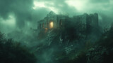 A ruined medieval castle sits atop an ancient mountain, shrouded in fog and surrounded by dark green vegetation. Fantasy, dramatic lighting, a foggy atmosphere, a mysterious mood, ancient ruins.