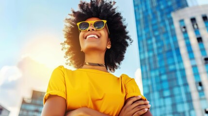 Poster - A woman wearing a yellow shirt and sunglasses is smiling and looking up at the sky. Concept of happiness and positivity, as the woman is enjoying the beautiful day and the view of the city skyline