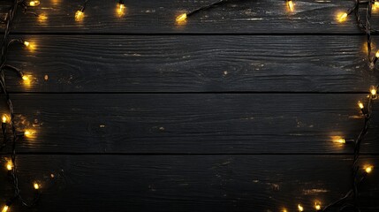 Festive string lights on a black wood background with copy space for text.