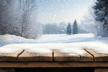 Wall Mural - dirty old wooden table place of snow and trees of snow place