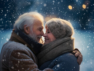 Heartwarming moment of an elderly couple embracing in the snow, dressed warmly in winter clothing, with gentle snowflakes falling, capturing love and togetherness during a cold winter evening