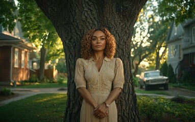 Canvas Print - A woman wearing a dress stands in front of a tree, looking up at the sky. The scene is serene and tranquil, with the woman appearing to be lost in thought