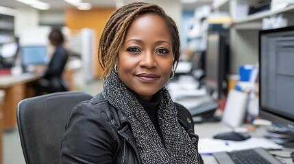 Canvas Print - A woman with dreadlocks is sitting at a desk with a computer monitor in front of her. She is smiling and she is happy