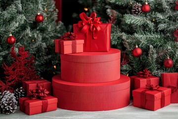 red podium for product placement in christmas background decor by christmas tree gift boxes ribbon  with generative ai