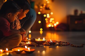 Children lighting oil lamps during Diwali festival, warm tones