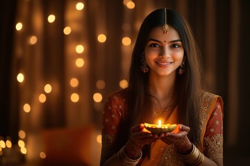 indian woman in festive attire holding diya with bokeh lights