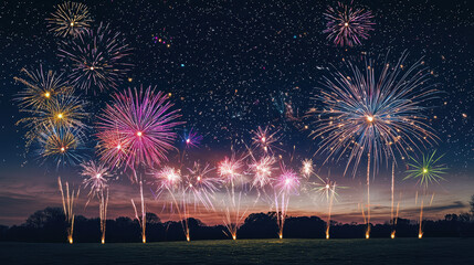 Colorful fireworks display illuminating the night sky above a grassy field during a celebration or festive event