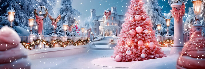 Poster - Charming winter wonderland featuring a pink Christmas tree and festive decorations in a magical snowy setting