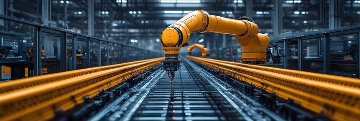 Poster - Automated robotic arm manipulator moving on conveyor belt in a highly efficient and modern industrial factory setting.