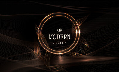 Wall Mural - Composition with a round sparkling frame, golden wavy ribbons, mesh pattern.