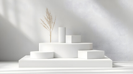 Wall Mural - Minimalist White Product Display Platform with Three Levels