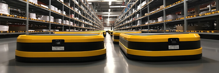 Poster - Interior view of a modern industrial warehouse facility with rows of metal shelving units and stacked packages or boxes ready for storage,distribution and transportation.