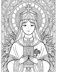 Coloring book for adult and older children. A young girl in a crown of thorns holds a book in her hands. Coloring page.