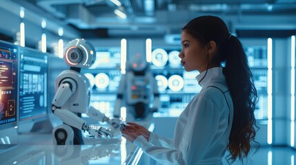 Poster - A lively, futuristic school lab, where students and teachers are working together on AI-powered projects. robot assist in coding.