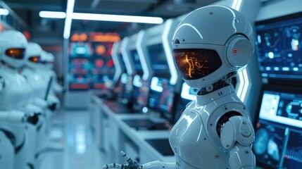 Poster - A lively, futuristic school lab, where students and teachers are working together on AI-powered projects. robot assist in coding.