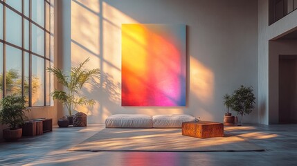 Canvas Print - Brightly lit modern interior with abstract art and plants.