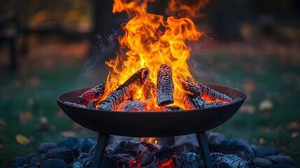 Poster - Vibrant flames from a crackling campfire dance and flicker,casting a warm glow over the tranquil autumn wilderness at nightfall. This powerful.