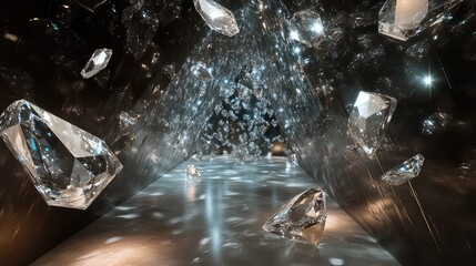 Wall Mural - A network of clear glass tunnels stretches through a cave filled with shimmering diamonds, with light dancing off the gems onto the transparent walls.