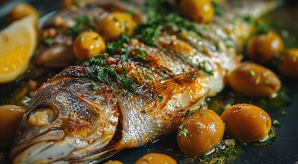 Poster - A fish with a green olive sauce on top.