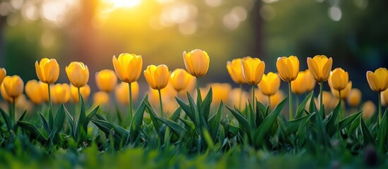 Poster - A field of yellow tulips in bloom against a bright sunset with green grass in the foreground.