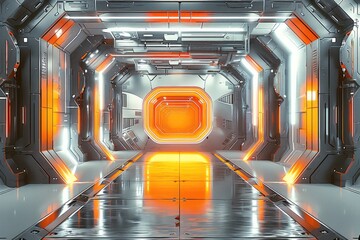 Poster - A sci-fi background with gray and orange elements, a futuristic room interior with metallic panels, and light from the door in front view.