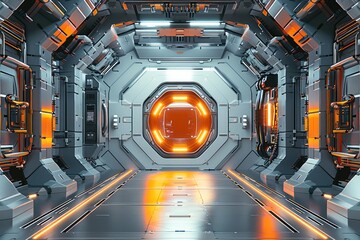 Poster - A sci-fi background with gray and orange elements, a futuristic room interior with metallic panels, and light from the door in front view.