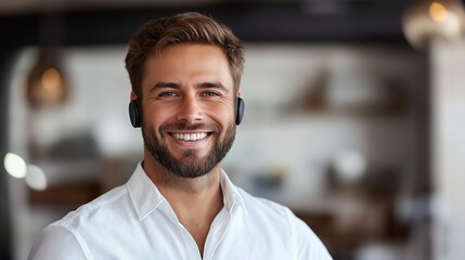 Poster - Man with a beard and a smile is wearing a white shirt and a headset. He is smiling and looking at the camera