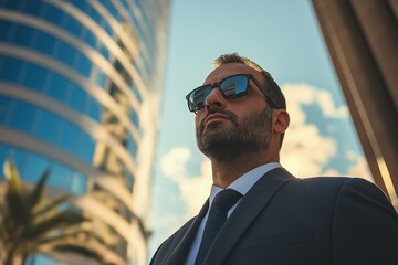 Poster - Man wearing a suit and sunglasses stands in front of a tall building. He looks serious and focused