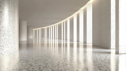 Wall Mural - A minimalist white hallway with a curved ceiling and a tiled floor.  The light shines through the windows at the end of the hall.