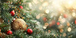 © syhin_stas - Сhristmas balls ornament hangs gracefully on a snow-dusted evergreen branch, creating a festive and cozy atmosphere with a warm, shimmering gold bokeh. Banner. Copy space
